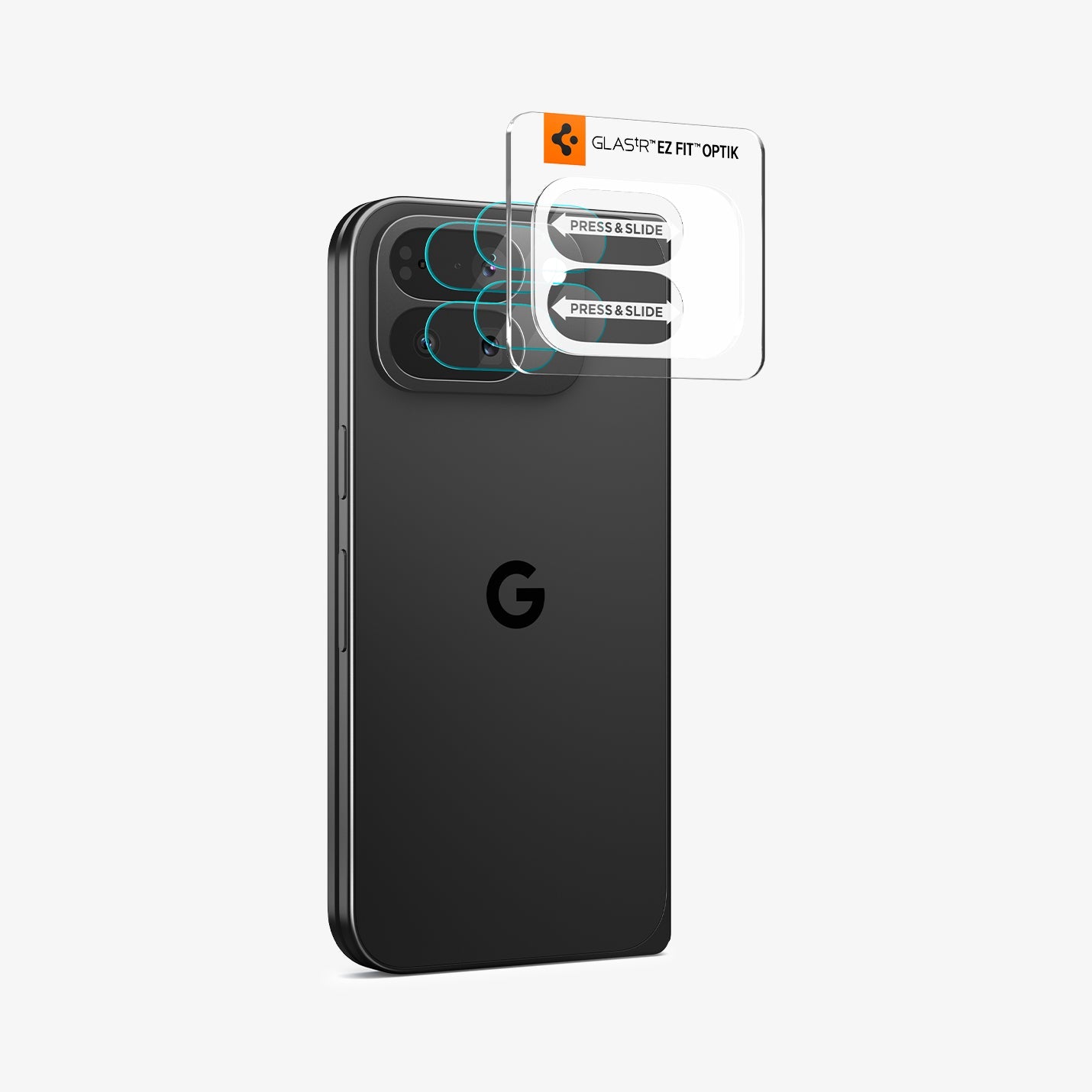 AGL09664 - Pixel 10 Pro Fold Optik EZ Fit Lens Protector showing the installation tray with lens attached to the device