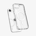 ACS09139 - iPhone 16e Case Ultra Hybrid (MagFit) in Clear White showing the back, partial side and bottom hovering in front of the device