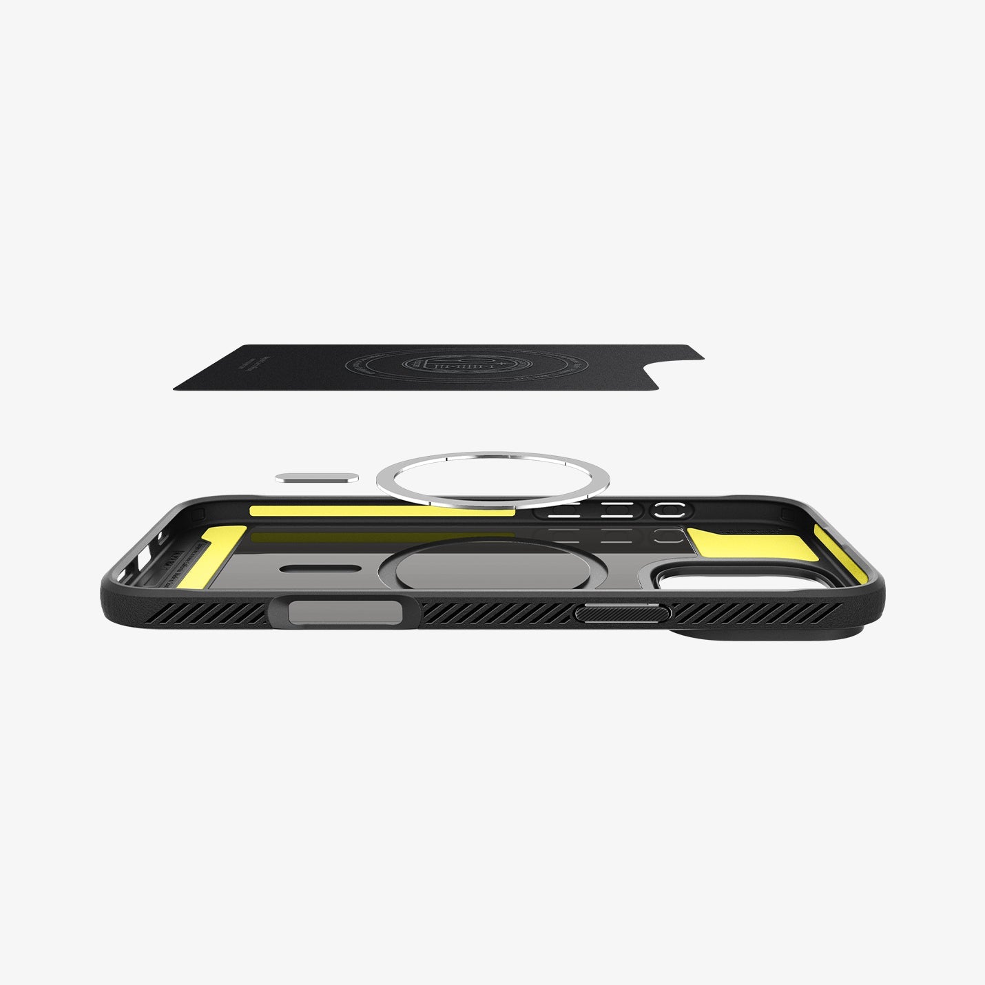 ACS07986 - iPhone 16 Pro Max Case Rugged Armor (MagFit) in Matte Black showing the detached inner soft layer cover hovering above the detached metal ring plate and the inner of the case