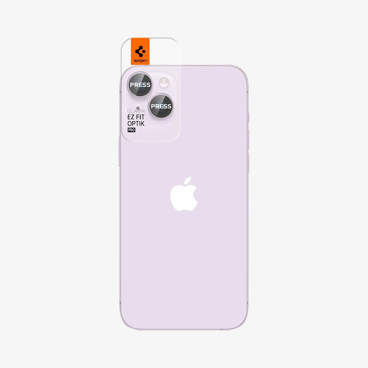 AGL05603 - iPhone 15 / 15 Plus Optik Pro Lens Protector in purple showing the back with ez fit installed on camera lens
