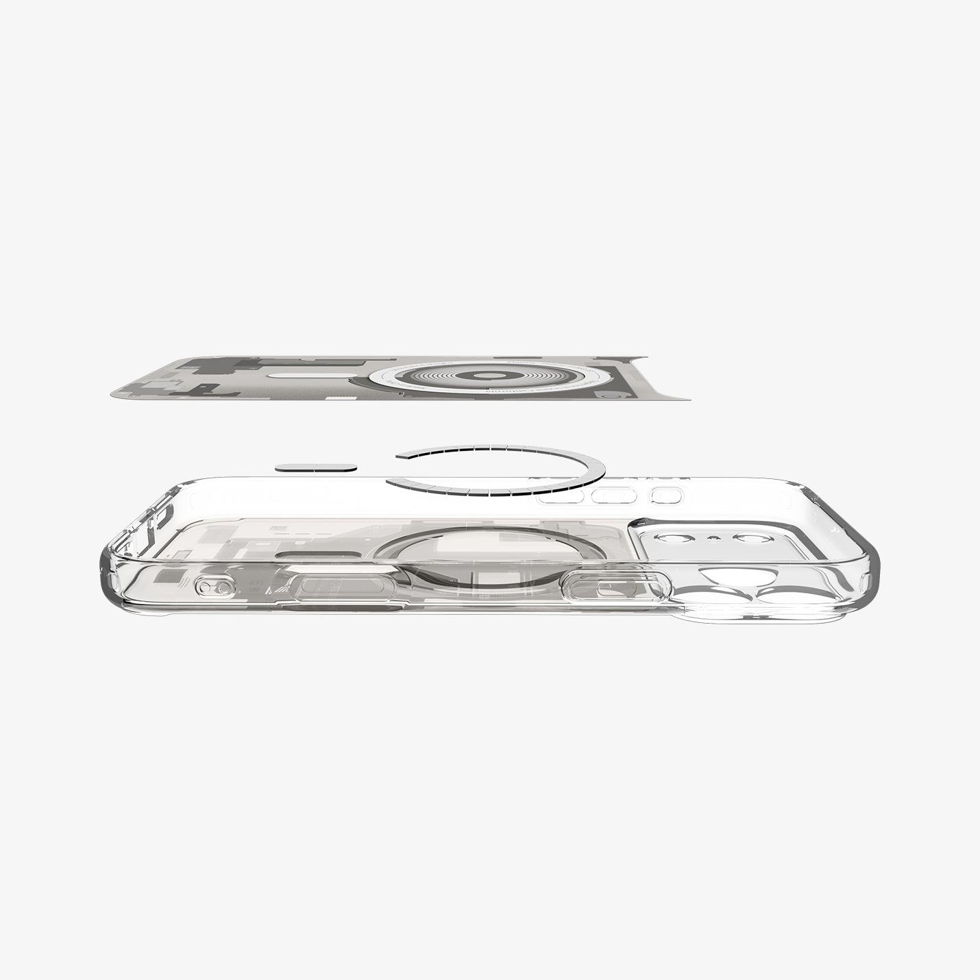 ACS10041 - iPhone 17 Pro Max Case Ultra Hybrid Zero One (MagFit) in Zero One Natural Titanium showing the inner sticker, hovering above the detached magnet ring and the case