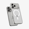 ACS10035 - iPhone 17 Pro Max Ultra Hybrid (MagFit) in Clear White showing the front of layer hovering above the magfit magnet plate and the case