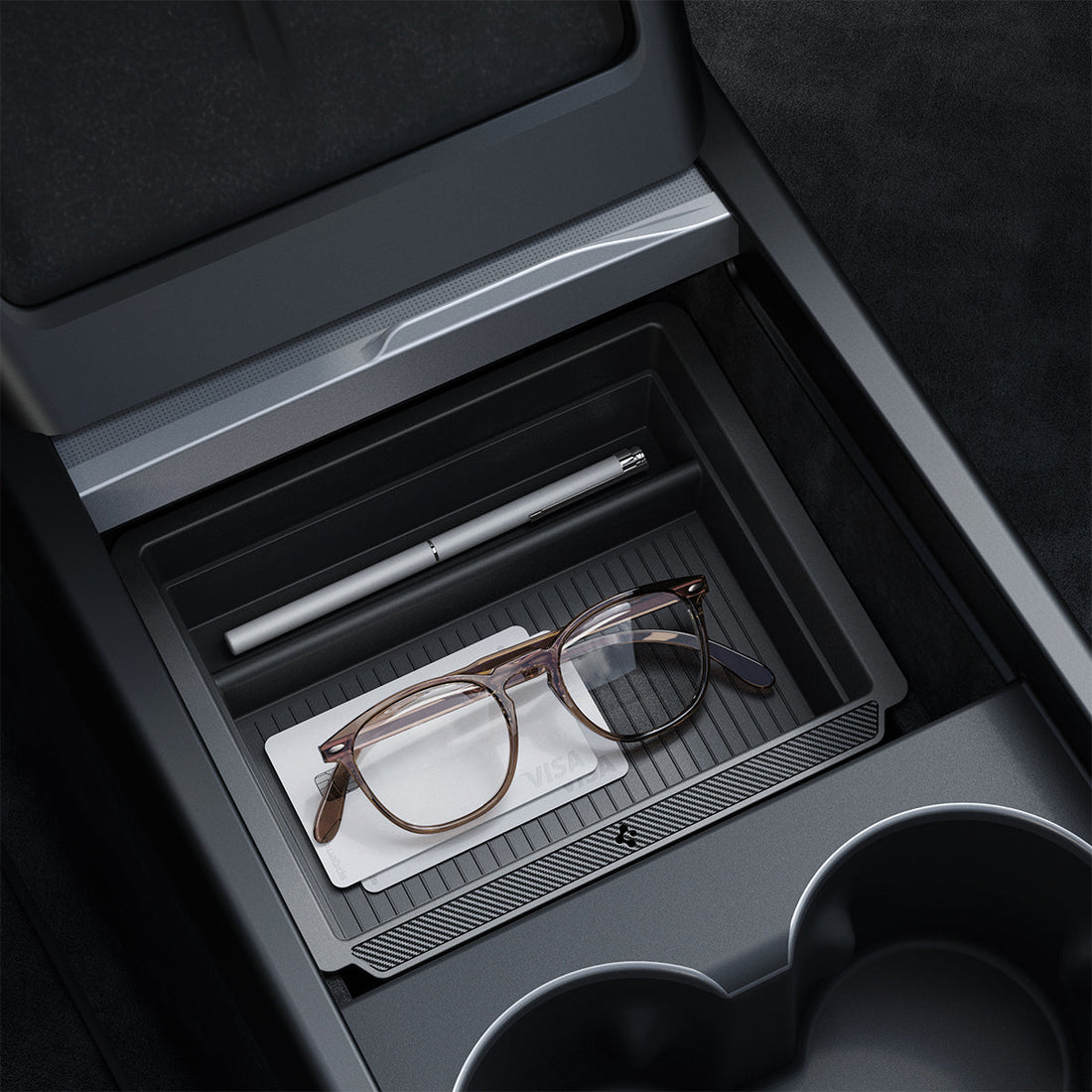 ACP07785 - Tesla Model 3 Highland Center Console Organizer Tray TO220SH in Black showing the top and inner of the tray with stuffs stored inside