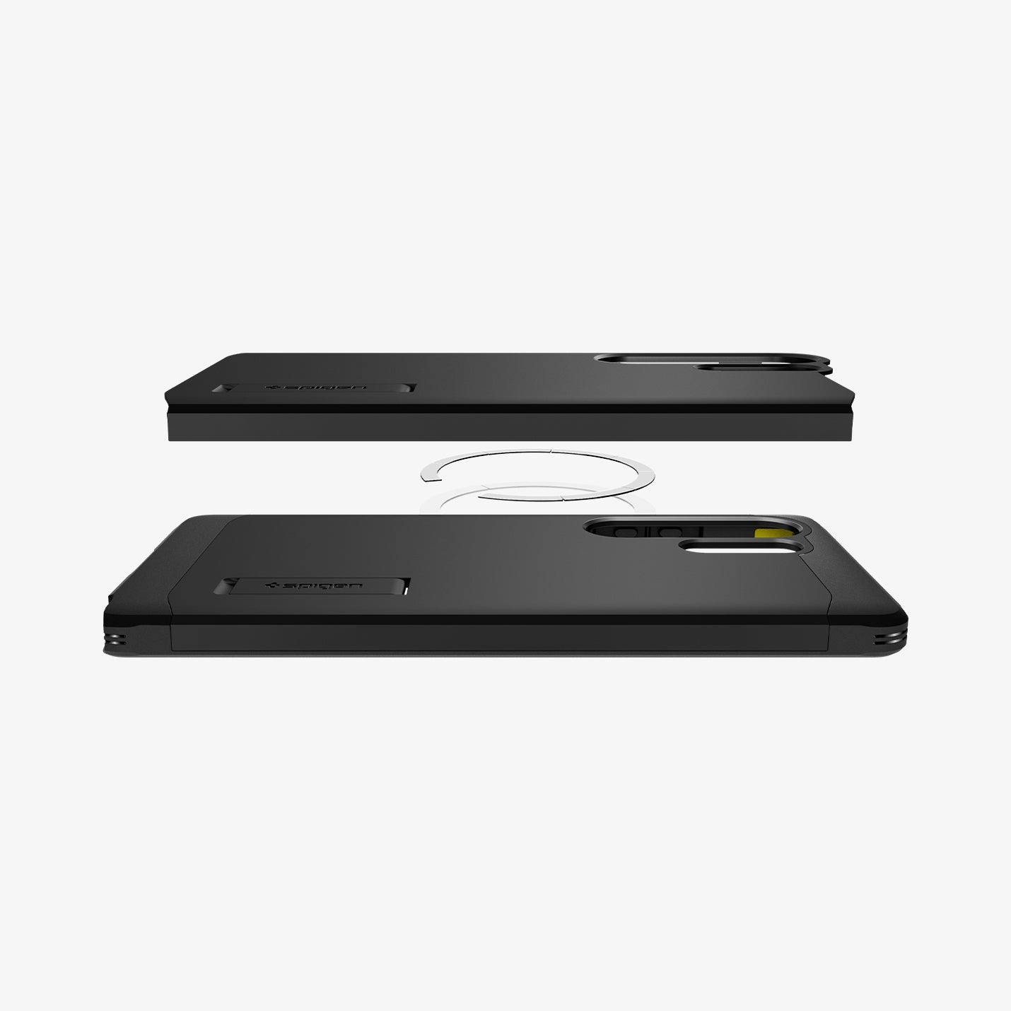 ACS08964 ACS09008- Galaxy S25 Ultra Case Tough Armor AI (MagFit) in Black showing hard back cover part of the case hovering above a magnet plate ring and a whole case