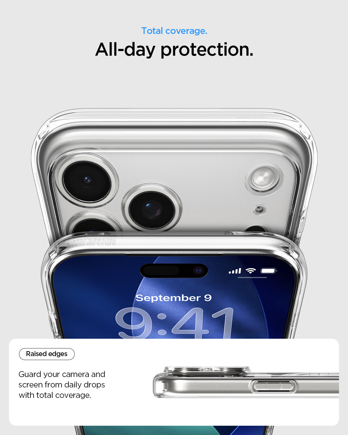 ACS10035 - iPhone 17 Pro Max Ultra Hybrid (MagFit) in Clear White showing total coverage. all day protection. raised edges guard your camera and screen from daily drops with total coverage.