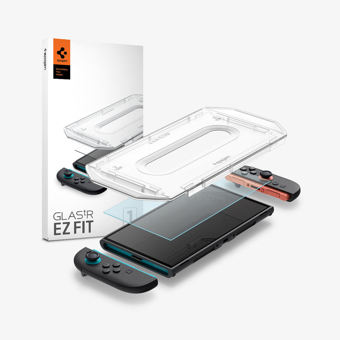 AGL10156 - Nintendo Switch 2 GLAS.tR EZ Fit in Clear showing the installation tray hovering above the film strip, screen protector and the device with the packaging on the side