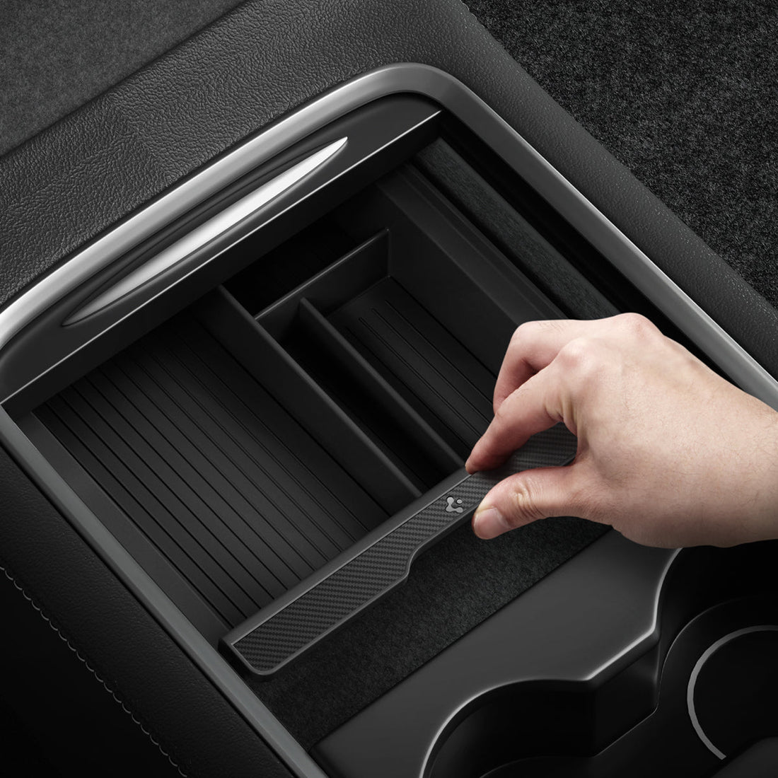 ACP04508 - Tesla Model y & 3 Center Console Organizer Tray in black showing the center console organizer tray installed inside of car with sunglasses, airpods and coins in slot