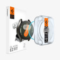 AGL08351 - Galaxy Watch 7 (40mm) GLAS.tR EZ Fit in Clear showing the front of installation tray hovering in front of a screen protector, face of the watch and the packaging