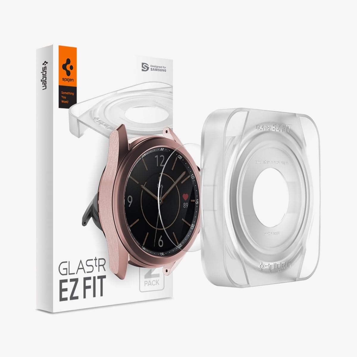AGL01843 - Galaxy Watch 3 (45mm) Screen Protector EZ Fit GLAS.tR SLIM showing the packaging, watch face, screen protector, EZ Fit Tray