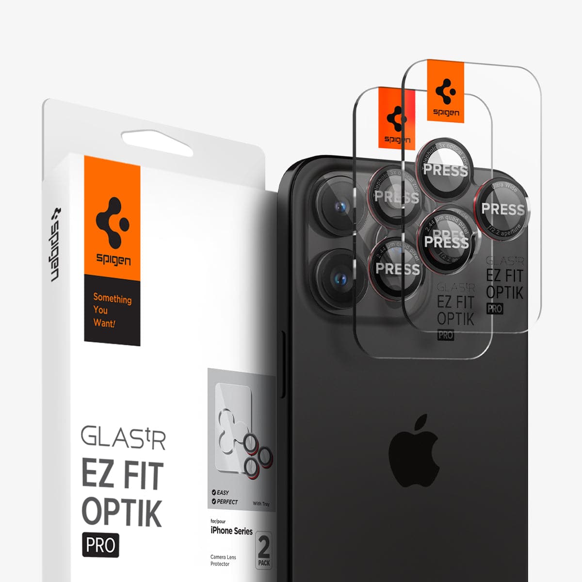 AGL05217 - iPhone 16 Pro / 16 Pro Max Optik Pro Lens Protector L-series showing the device, two lens protector ez fit trays and packaging
