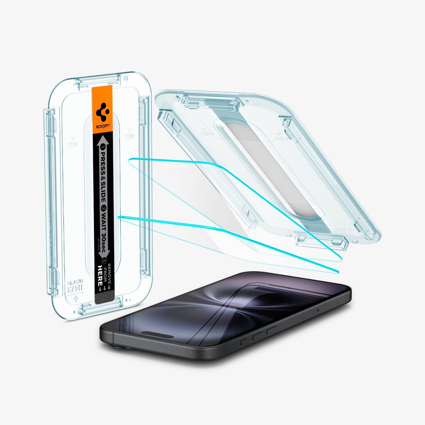 AGL06883 - iPhone 16 Plus GLAS.tR EZ Fit Sensor Protected showing the installation tray hovering above the 2 screen protector and the device, beside it is another installation tray