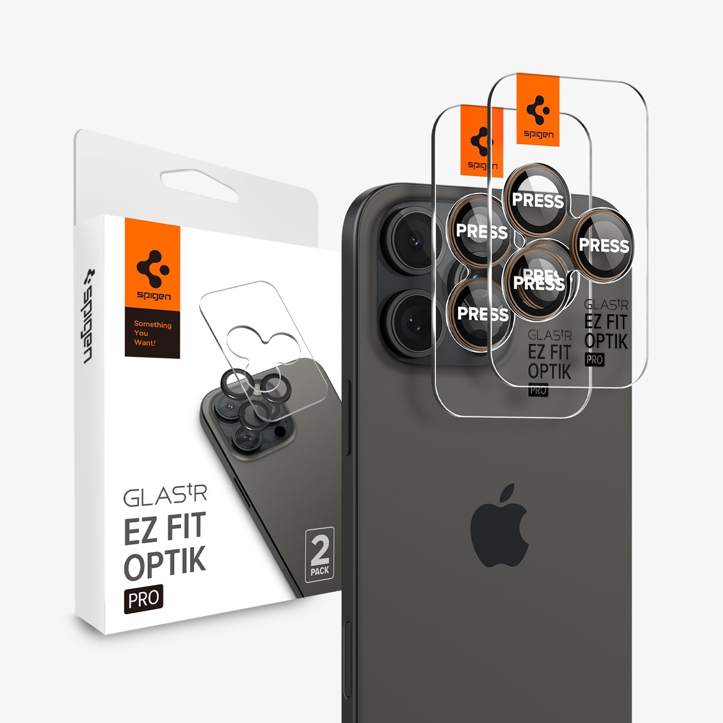 AGL08862 - iPhone 16 Pro Max Optik Pro EZ Fit Lens Protector in Desert Titanium showing the device, two lens protectors and packaging