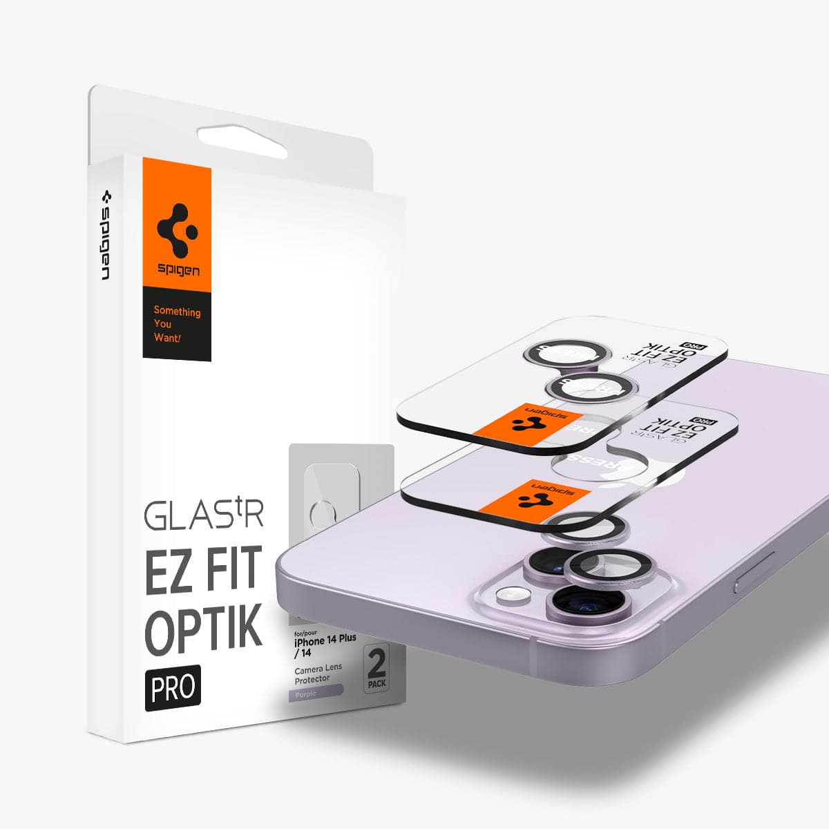 AGL05603 - iPhone 15 / 15 Plus Optik Pro Lens Protector in purple showing the device, two optik pro lens protectors and packaging